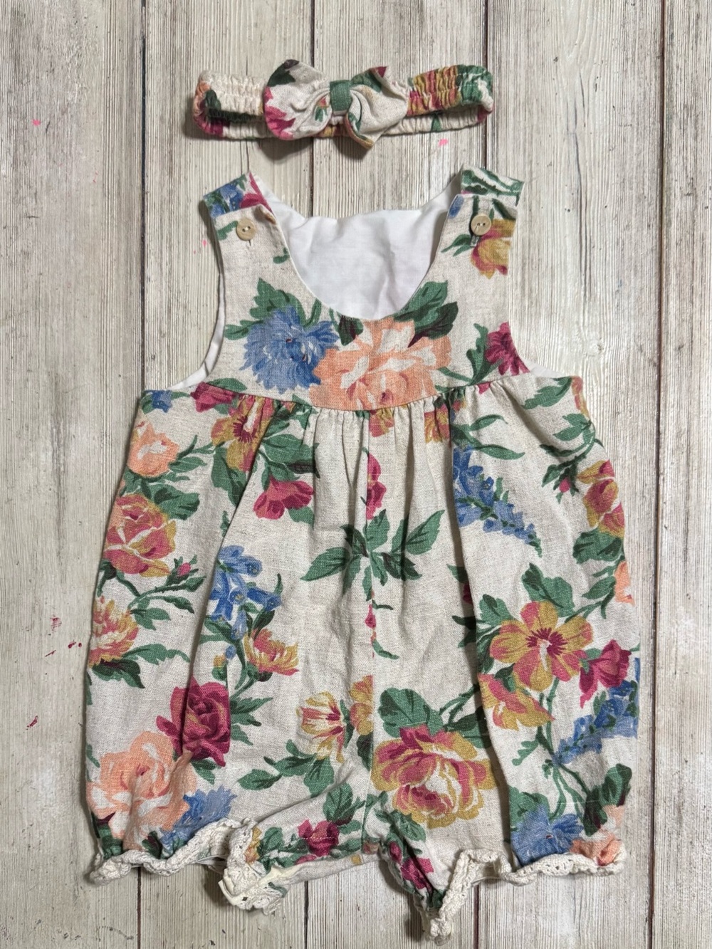 Vintage 24m floral linen bubble romper & headband set baby girls Good Lad